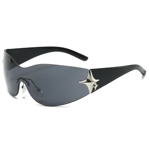 Y2K Shield Sunglasses For Women Men One Piece Rimless Shield Eyewear With Star Metal Decor PC Lens UV400 Cycling Fashion Sunglasses
