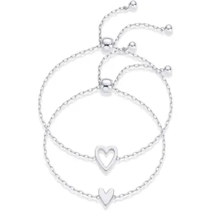 Adjustable silver heart bracelets set with box chains and hollow heart pendants for women