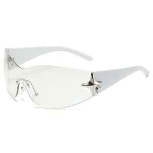 Y2K style one-piece rimless sports sunglasses with white frames and star accents