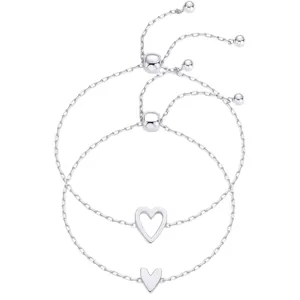 Adjustable silver heart-shaped bracelet set with hollow and solid charms for women
