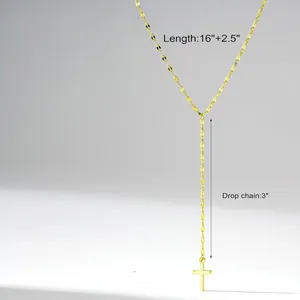 Y-shaped gold cross necklace detail showing 16 plus 2.5 inch chain length and 3 inch drop
