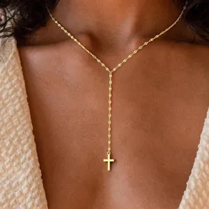 Elegant gold Y-shaped cross necklace with minimalist coffee bean chain for women