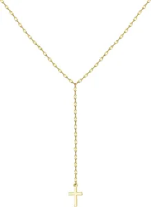 Close-up of golden Y-shaped cross necklace with delicate oval links on white background