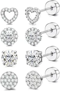 Detailansicht der S925 Sterling Silber Schraubohrringe mit Zirkonia-Steinen im Set
