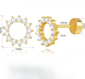 Diagramme 3D détaillé montrant les dimensions des boucles d'oreilles couronne dorée 10mm