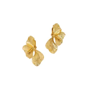 Minimalist gold flower petal earrings with textured metallic finish for women