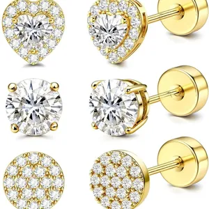 Luxus 14K Vergoldete Zirkonia Ohrstecker Set Mit 925 Sterlingsilber Ohrstecker-Stift Schraubverschluss Herz Stern Schmuck