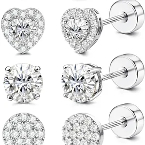 Drei Paar S925 Sterling Silber Ohrringe mit Herz und runden Zirkonia und Schraubverschluss