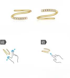 Detail showing two-step wearing guide for gold spiral cartilage clip-on hoop earrings
