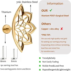 Golden titanium lotus mandala ear stud with interchangeable 6mm and 8mm stems