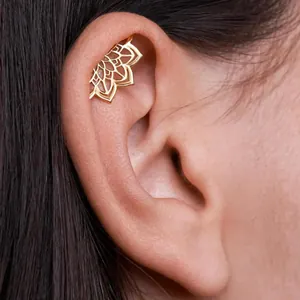 Mandala Lotus Helix Piercing Stud Earrings 316L Stainless Steel Titanium Gold Silver Plated Bohemian Ethnic Jewelry For Women Men