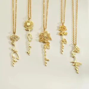 Detail showing five personalized brass gold necklaces with floral cutouts and cursive names