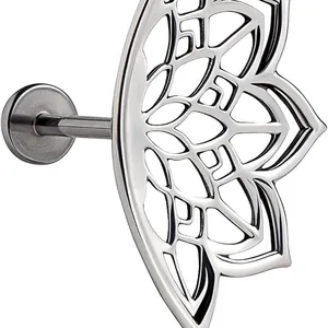 Surgical steel spiral lotus cartilage stud earring with hollow geometric mandala design