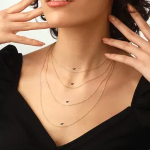 Size guide showing necklace length options 14 to 20 inch on a female model neck