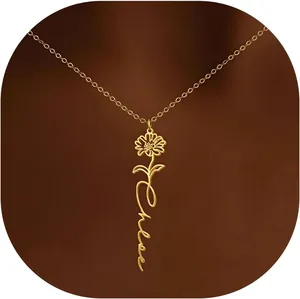 Custom Name Necklace With Birth Month Flower Gold Plated Brass Personalized Script Initial Pendant Jewelry Gift For Women
