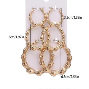 Three-piece gold bamboo texture hoop earring set in sizes 3.5cm, 5cm, and 6.5cm