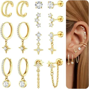 Ensemble de boucles d'oreilles lune et étoile en laiton plaqué or avec zircons