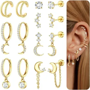 Ensemble de boucles d'oreilles en laiton doré avec motifs étoile, lune et zircons