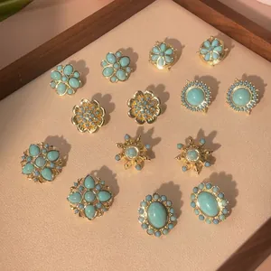 Vintage Palace Style Brass Gold Plated Synthetic Turquoise Stud Earrings Geometric Floral Starburst Bohemian Jewelry For Women