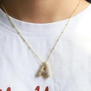 Gold plated brass A-letter pendant necklace with micro-pave zircons on satellite chain
