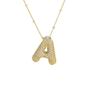 Pave zircon letter A balloon pendant necklace in gold-plated brass with bead chain