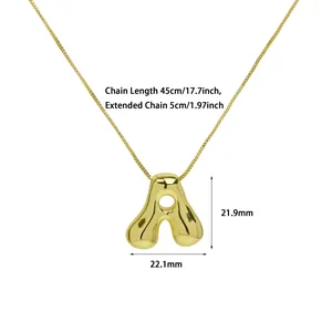 Polished gold plated brass puffy alphabet A balloon pendant necklace with 45cm chain