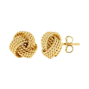 Classic golden brass love knot earrings with woven texture and butterfly backs