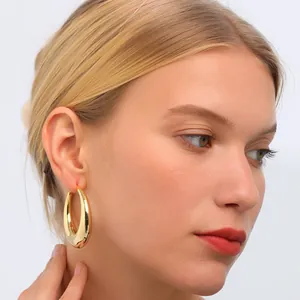 Boucles d'Oreilles Créoles Ovales en Laiton Plaqué Or 14k Vintage Avec Tige en Argent Sterling 925 Bijoux Femme