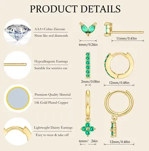 Dettaglio di orecchini placcati oro 14k con zirconi verdi e dimensioni del prodotto