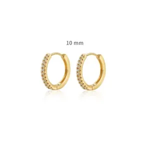 Close-up of 10mm gold plated hoop earrings with micro-set cubic zirconia stones