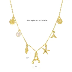 Detaillierte Größentabelle für die goldene Meereskette mit Buchstaben A und Muscheln