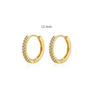 Detail of 12mm gold plated hoop earrings with double row cubic zirconia inlays