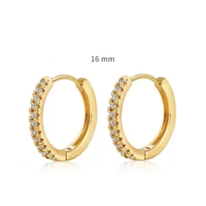 Detail of 16mm gold plated brass hoop earrings featuring pave-set cubic zirconia stones