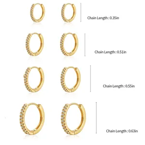 Four-piece set of gold-plated brass hoop earrings with zircon in four sizes