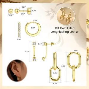 Ensemble de Boucles d'Oreilles Géométriques Plaquées Or 14K pour Femmes Zirconia Micro Pavé Clous Créoles Bijoux Quotidiens Polyvalents