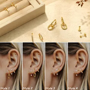 Parure de boucles d'oreilles en laiton doré avec zircons, maillons trombones et créoles