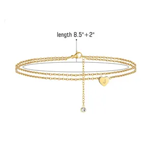Cavigliera doppio strato oro con pendente a cuore J e cristallo, 8,5 + 2 pollici
