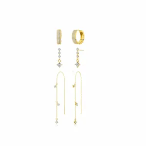Set di tre paia di orecchini in ottone placcato oro con zirconi e pendenti a stella