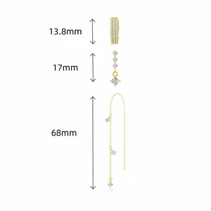 Set di 3 orecchini in ottone placcato oro con zirconi e ciondoli a stella alla moda