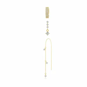Set di tre orecchini in ottone placcato oro con pendenti in zircone e brillantini