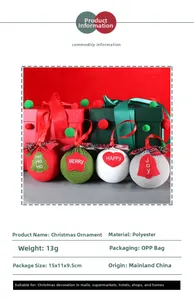 Close-up of knit Christmas balls with festive text and plaid bows in a gift package