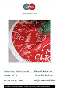 Detail of red polyester Christmas tree skirt with white tassel fringe and holiday icons