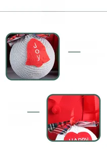 Detail of grey knitted Christmas ornaments featuring red felt patches with Joy and Happy text