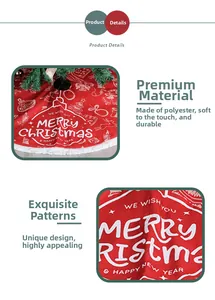 Detailed view of red polyester Christmas tree skirt with white tassels and festive prints