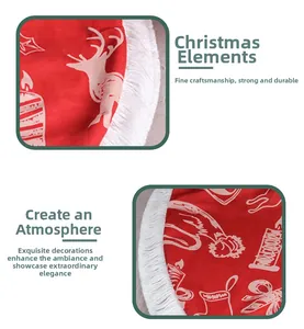 Detail of red Christmas tree skirt showing Santa prints and white fringe edge craft