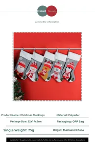 Detailed view of grey polyester Christmas stockings with 3D Santa and reindeer characters