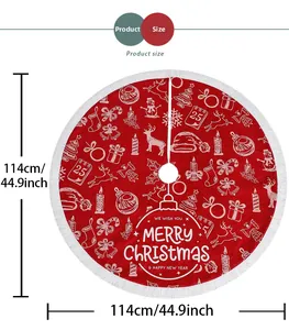 Size chart showing 44.9 inch red Christmas tree skirt with festive snowman and reindeer print