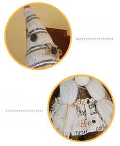 Dettaglio dello gnomo del caffè con cappello a maglia e finiture rustiche in iuta