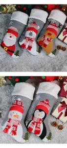 Detailed set of 5 gray felt Christmas stockings with 3D Santa, reindeer, and snowman designs