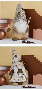 Detail of male and female coffee gnomes with knitted hats and coffee bean decor